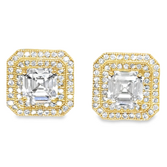 10KT Gold Princess Cut Earrings with Double Halo