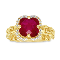 10KT Gold Chino Link Ring with CZ Ruby Clover