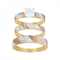 10kt Tri-Color Gold Cubic-Zirconia Wedding Trio Ring Set