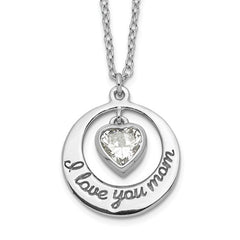 Sterling Silver Rhodium-plated I LOVE YOU MOM with CZ Heart Dangle