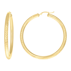 0Kt Yellow Gold Womens Round Tube Diamond-cut Patterned Fancy Hoop Ear