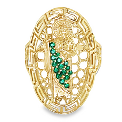10KT Gold Ring with St. Jude San Judas CZ and Greek Pattern