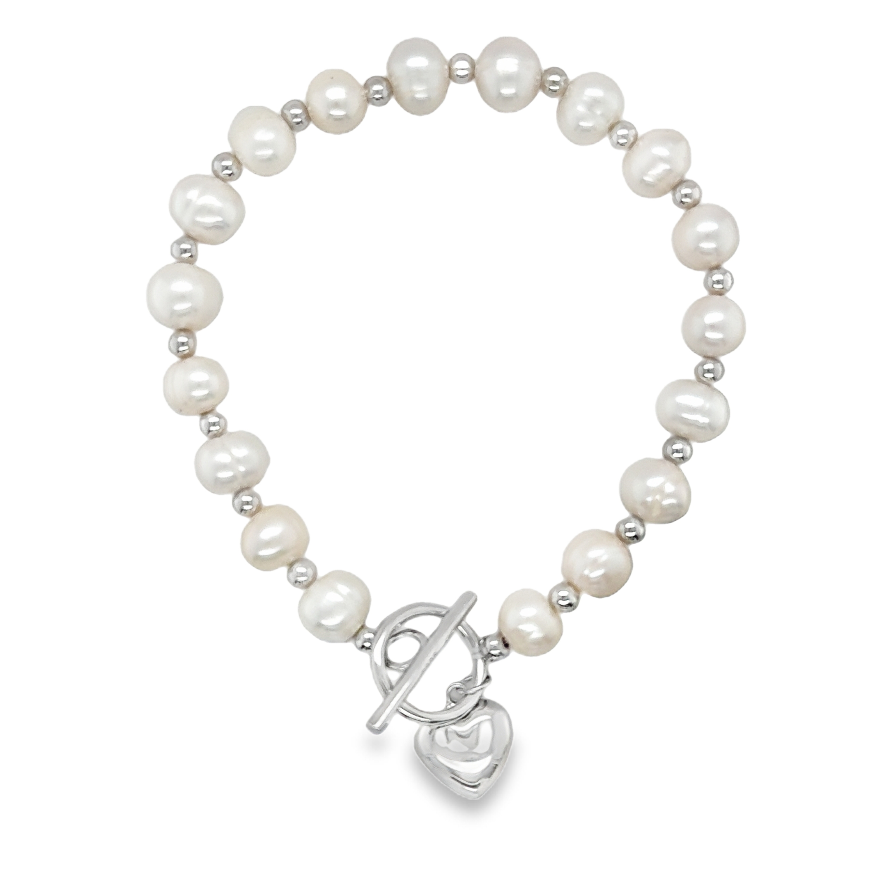 Sterling Silver Pearl Bracelet with Hanging Heart