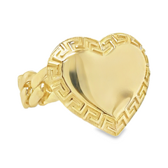 10KT Gold Miami Cuban Link Large Heart Ring with Greek Border Size 7 FREE ENGRAVING