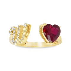 10KT Gold Adjustable Red Heart Initial Ring Letter W