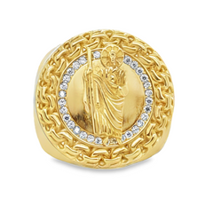 10KT Gold San Judas Chino Link Ring with CZ Free Engraving