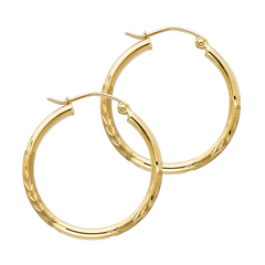 14KY 2mm Budded DC Round Tube Hoop Earrings (25mm)