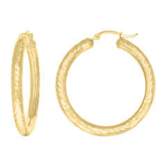 10Kt Yellow Gold Womens Round Tube Diamond-cut Patterned Fancy Hoop Ea