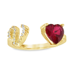 10KT Gold Adjustable Red Heart Initial Ring Letter V