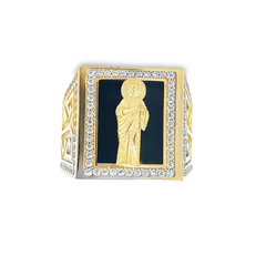 10KT Gold San Judas Ring with CZ and Black Onyx