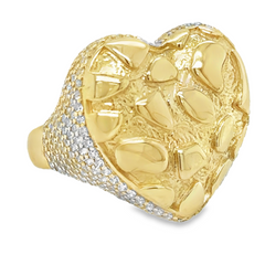 10KT Gold Large Heart Nugget Ring with Iced Out CZ Sides
