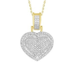LADIES HEART PENDANT 1/2 CT ROUND/BAGUETTE DIAMOND 10K YELLOW GOLD. CHAIN NOT INCLUDED
