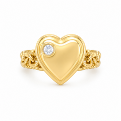 10KT Gold Chino Link Heart Ring with White CZ FREE Engraving