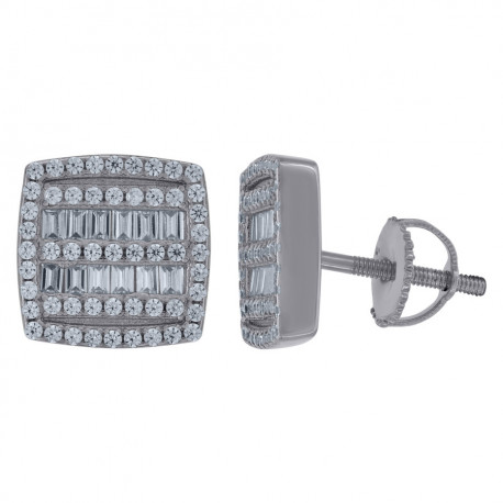 925 Sterling Silver Unisex Baguette Cubic-Zirconia Square Fashion Stud Earrings
