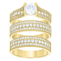 14kt Gold Womens Two-Tone CZ 3 Rows Trio His Hers Center Stone Wedding Engagement Bridal Set Ring