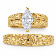10KT Gold His and Hers Nugget Wedding Trio Set with Marquise CZ