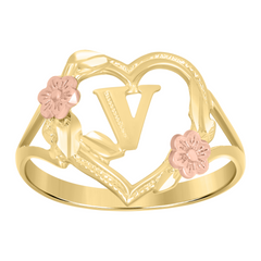 10Kt Two-Tone Gold Womens Dc Textured Initial Letter V Heart Band Ring