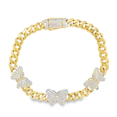 10KT Gold 6MM Cuban Monaco Butterfly Hearts CZ Bracelet 7.5 Inches