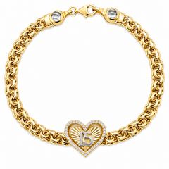 10KT Gold 5MM Chino Link Monaco Heart Bracelet with CZ Border 15 Quinc