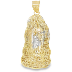 10KT Gold Virgin Mary Virgen de Guadalupe Pendant with Greek Border
