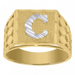 10kt Two-Tone Gold Mens Diamond-Cut Textured Initial Letter C Band Rin