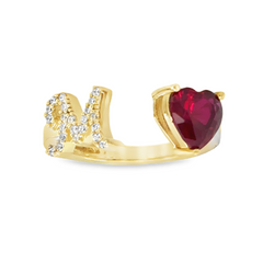 10KT Gold Adjustable Red Heart Initial Ring Letter M