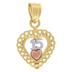 10kt Gold Tri-Color Diamond-Cut Womens 15 Anos Heart Quinceanera Charm