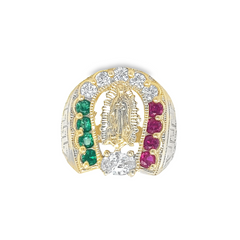 10KT Gold Nugget Horseshoe Ring with Virgin Mary Virgen de Guadalupe Ring with Mexico Colors