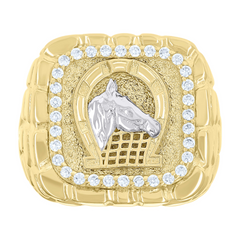 10kt Two-tone Gold Mens Cubic-Zirconia Horse Head Horseshoe Good Luck