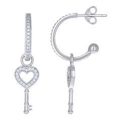 925 Sterling Silver Womens Cubic-Zirconia Heart Key Dangle Hoop Earrings