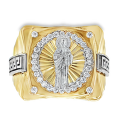 10KT Gold St. Jude San Judas Ring with Greek Design on Sides
