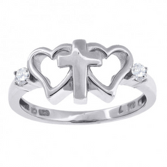 925 Sterling Silver Womens Cubic Zirconia Cross Hearts Religious Ring Size 8