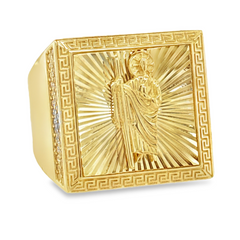 10KT Gold Square San Judas Ring with Greek Border and CZ on Sides