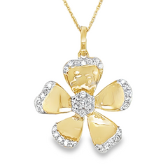 14KT YELLOW GOLD 0.25CT DIAMOND FLOWER NECKLACE 18IN LONG