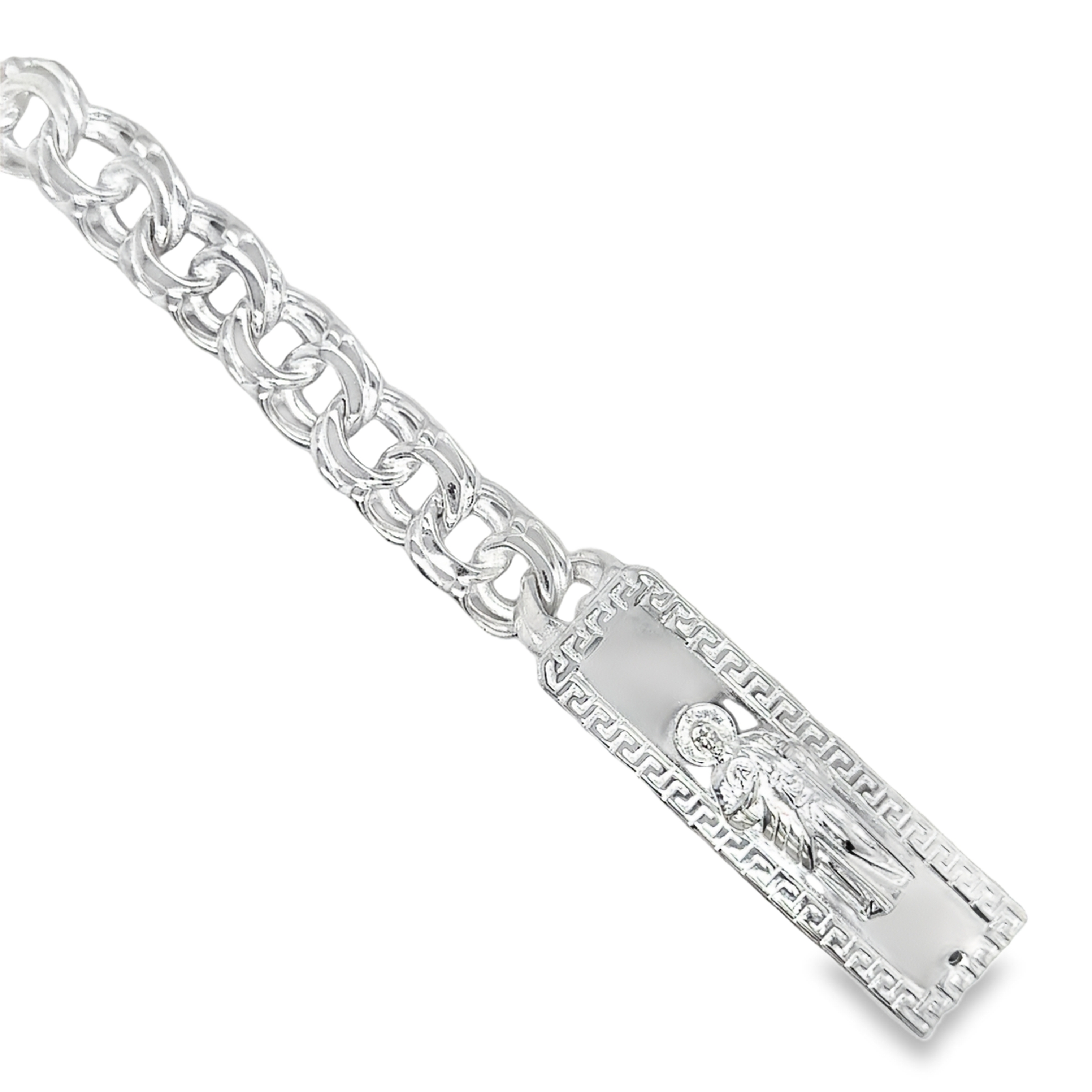 Sterling Silver 12MM Solid Chino Bracelet with Greek Border St. Jude San Judas, 8 Inches