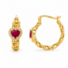 10KT Gold Chino Hoop Earrings with Red Heart Stone 20MM