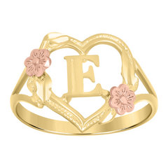 10Kt Two-Tone Gold Womens Dc Textured Initial Letter E Heart Band Ring