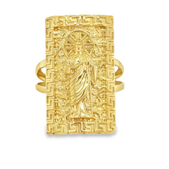 10KT Gold San Judas Rectangular Ring with Greek Border and Nugget Back