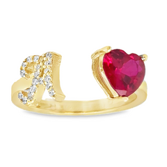 10KT Gold Adjustable Red Heart Initial Ring Letter A