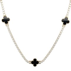 10KT Gold Tennis Necklace with Black Clovers 16