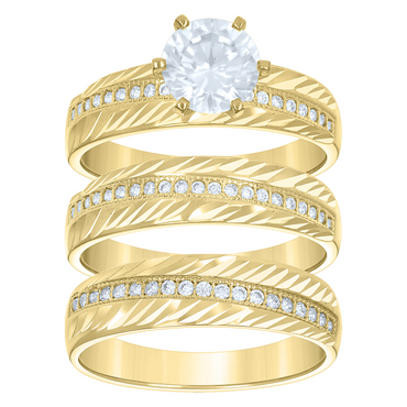 10kt Yellow-Color Gold Wedding Cubic-Zirconia Trio Ring His and Hers S