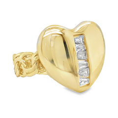 10KT Gold Chino Link Large Heart with Baguettes in Middle Ring Size 7 FREE ENGRAVING
