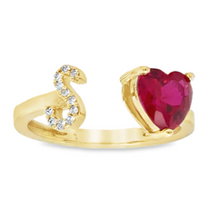 10KT Gold Adjustable Red Heart Initial Ring Letter S