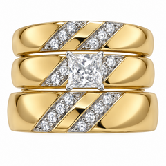 10KT Gold His and Hers Wedding Trio Set with Princess Cut CZ
