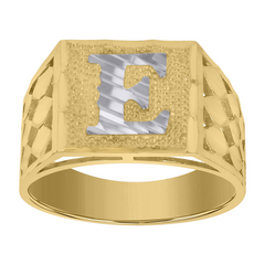 10kt Two-Tone Gold Mens Diamond-Cut Textured Initial Letter E Band Rin