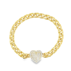 10KT Gold 7MM Chino Link Monaco Heart with CZ Bracelet 7.5 Inches