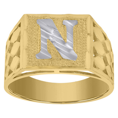 10kt Two-Tone Gold Mens Diamond-Cut Textured Initial Letter N Band Rin