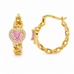 10KT Gold Chino Hoop Earrings with Pink Heart Stone 20MM