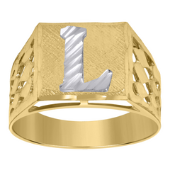 10kt Two-Tone Gold Mens Diamond-Cut Textured Initial Letter L Band Rin