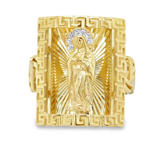 10KT Gold Virgin Mary Virgen De Guadalupe Greek Border Chino Bar Large Ring